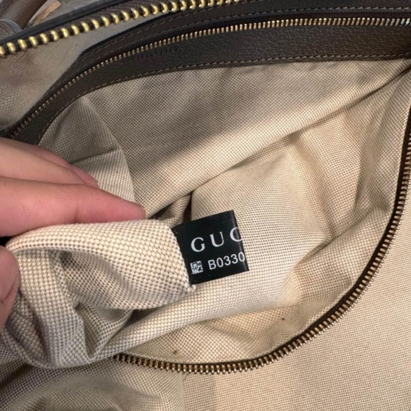 Gucci Monogram Jumbo GG Textured Dollar Calfskin Web Large Duffle  Camel Ebony - Picture 6 of 13